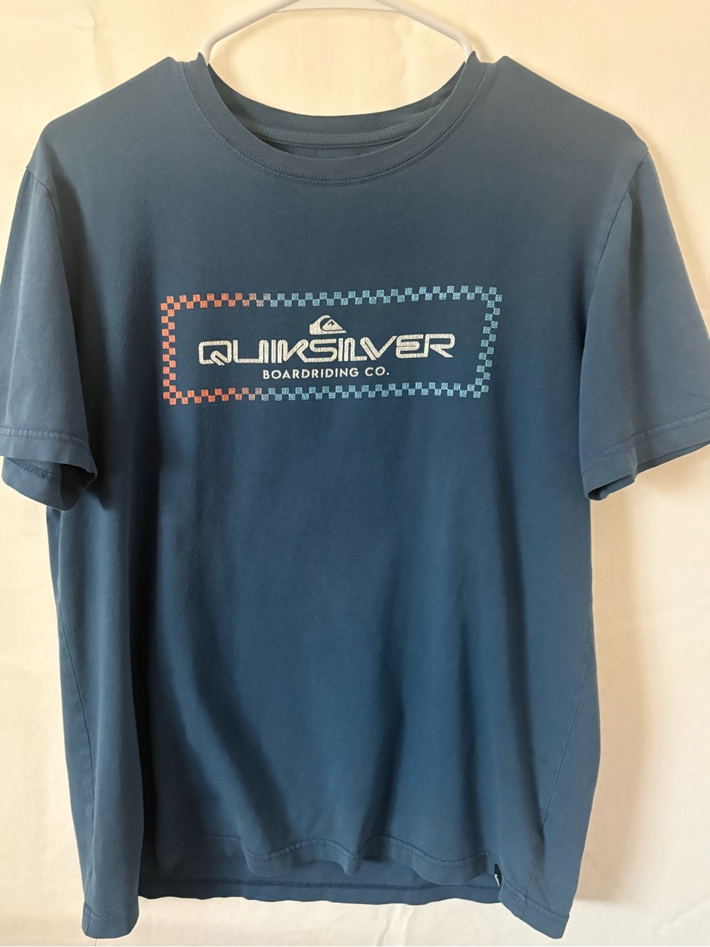 Quiksilver Teal Blue Logo Tee with Red-to-Blue Checker Accent